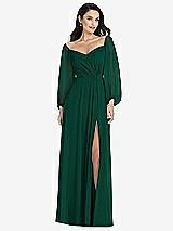 Alt View 1 Thumbnail - Hunter Green Off-the-Shoulder Puff Sleeve Maxi Dress with Front Slit