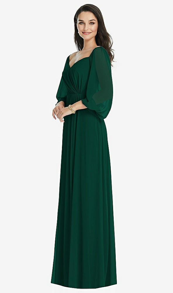 Front View - Hunter Green Off-the-Shoulder Puff Sleeve Maxi Dress with Front Slit