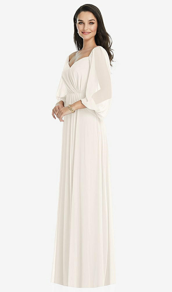 Front View - Ivory Off-the-Shoulder Puff Sleeve Maxi Dress with Front Slit