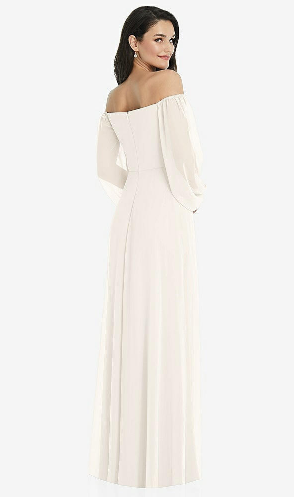Back View - Ivory Off-the-Shoulder Puff Sleeve Maxi Dress with Front Slit