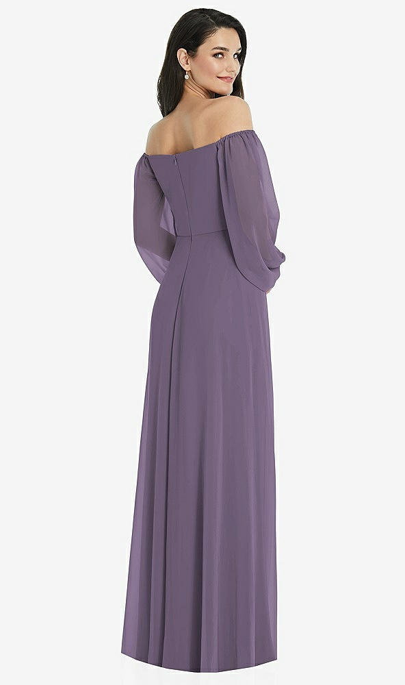 Back View - Lavender Off-the-Shoulder Puff Sleeve Maxi Dress with Front Slit