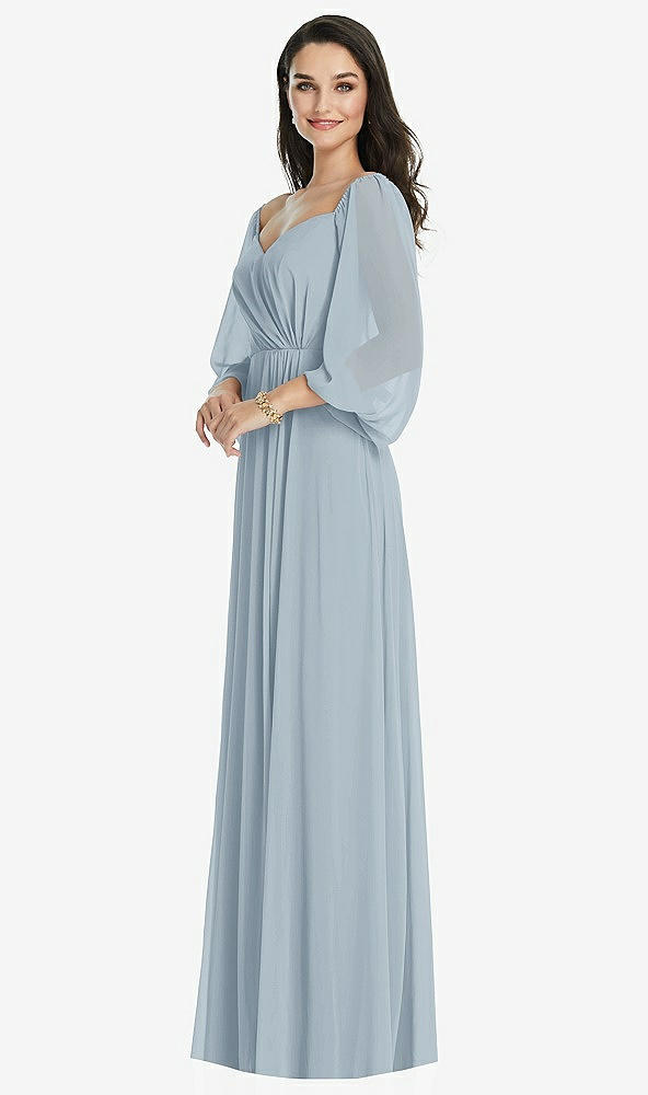 Front View - Mist Off-the-Shoulder Puff Sleeve Maxi Dress with Front Slit