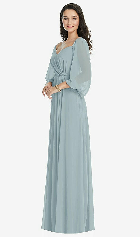 Front View - Morning Sky Off-the-Shoulder Puff Sleeve Maxi Dress with Front Slit