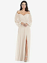 Side View Thumbnail - Oat Off-the-Shoulder Puff Sleeve Maxi Dress with Front Slit