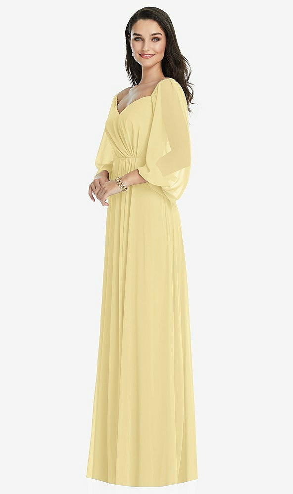 Front View - Pale Yellow Off-the-Shoulder Puff Sleeve Maxi Dress with Front Slit