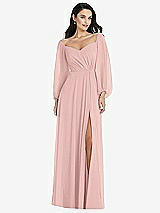Alt View 1 Thumbnail - Rose - PANTONE Rose Quartz Off-the-Shoulder Puff Sleeve Maxi Dress with Front Slit