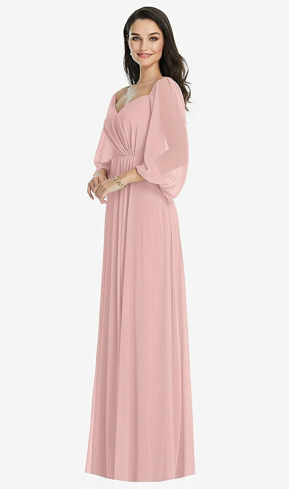 Front View - Rose - PANTONE Rose Quartz Off-the-Shoulder Puff Sleeve Maxi Dress with Front Slit