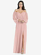 Side View Thumbnail - Rose - PANTONE Rose Quartz Off-the-Shoulder Puff Sleeve Maxi Dress with Front Slit