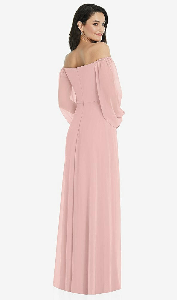 Back View - Rose - PANTONE Rose Quartz Off-the-Shoulder Puff Sleeve Maxi Dress with Front Slit