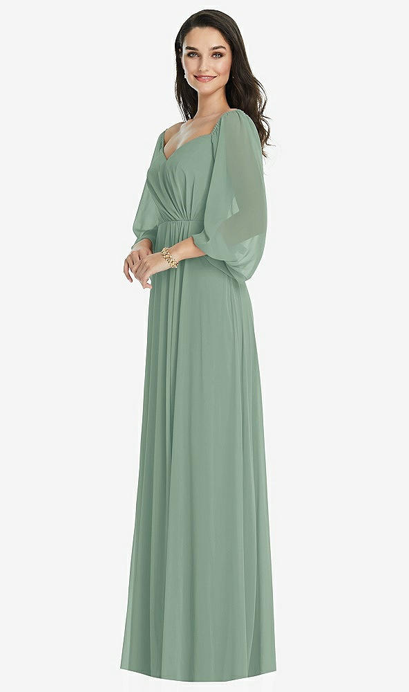 Front View - Seagrass Off-the-Shoulder Puff Sleeve Maxi Dress with Front Slit