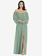 Side View Thumbnail - Seagrass Off-the-Shoulder Puff Sleeve Maxi Dress with Front Slit