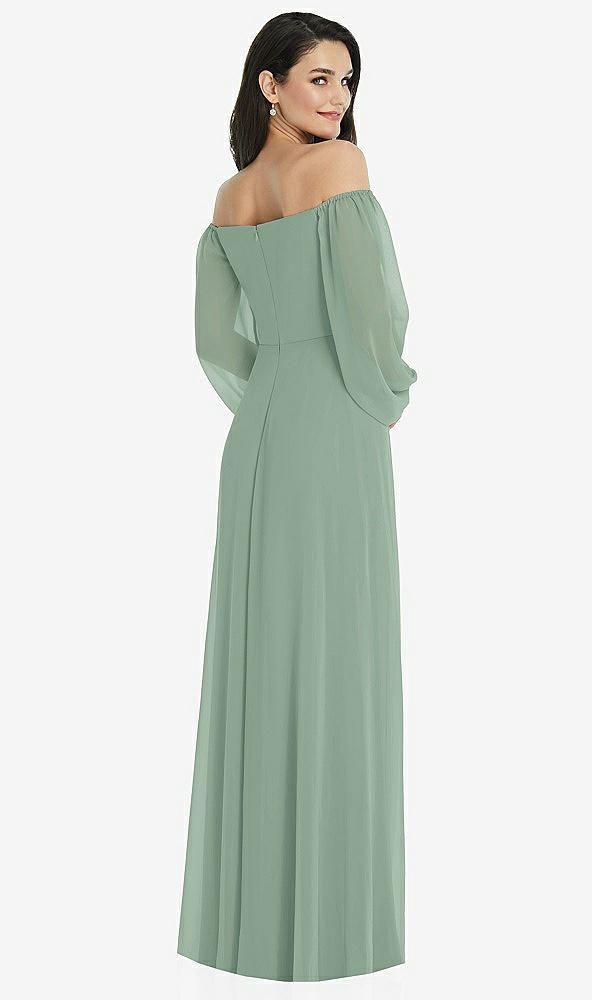 Back View - Seagrass Off-the-Shoulder Puff Sleeve Maxi Dress with Front Slit