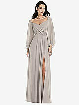 Alt View 1 Thumbnail - Taupe Off-the-Shoulder Puff Sleeve Maxi Dress with Front Slit