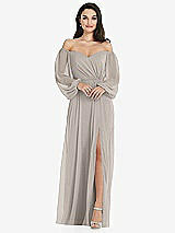 Side View Thumbnail - Taupe Off-the-Shoulder Puff Sleeve Maxi Dress with Front Slit