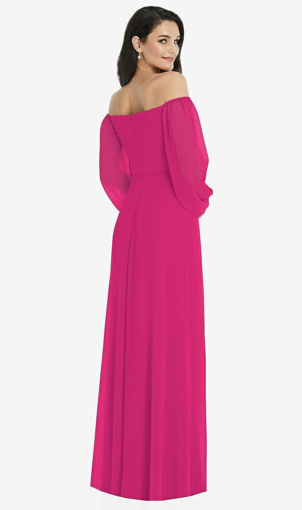 Back View - Think Pink Off-the-Shoulder Puff Sleeve Maxi Dress with Front Slit
