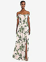 Front View Thumbnail - Palm Beach Print Off-the-Shoulder Basque Neck Maxi Dress with Flounce Sleeves