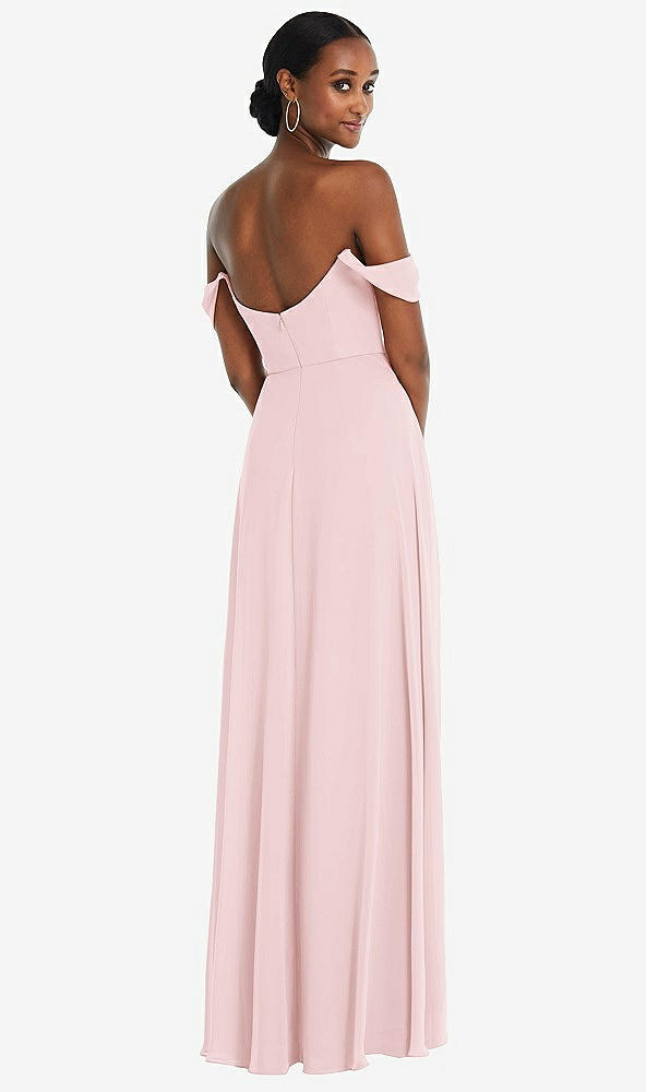 Back View - Ballet Pink Off-the-Shoulder Basque Neck Maxi Dress with Flounce Sleeves