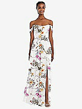 Front View Thumbnail - Butterfly Botanica Ivory Off-the-Shoulder Basque Neck Maxi Dress with Flounce Sleeves