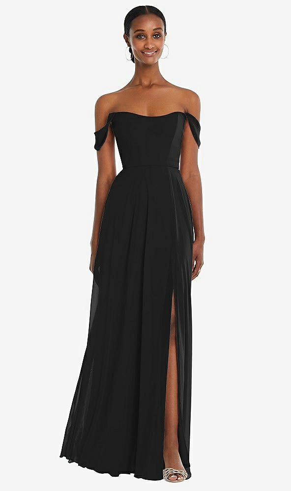 Front View - Black Off-the-Shoulder Basque Neck Maxi Dress with Flounce Sleeves