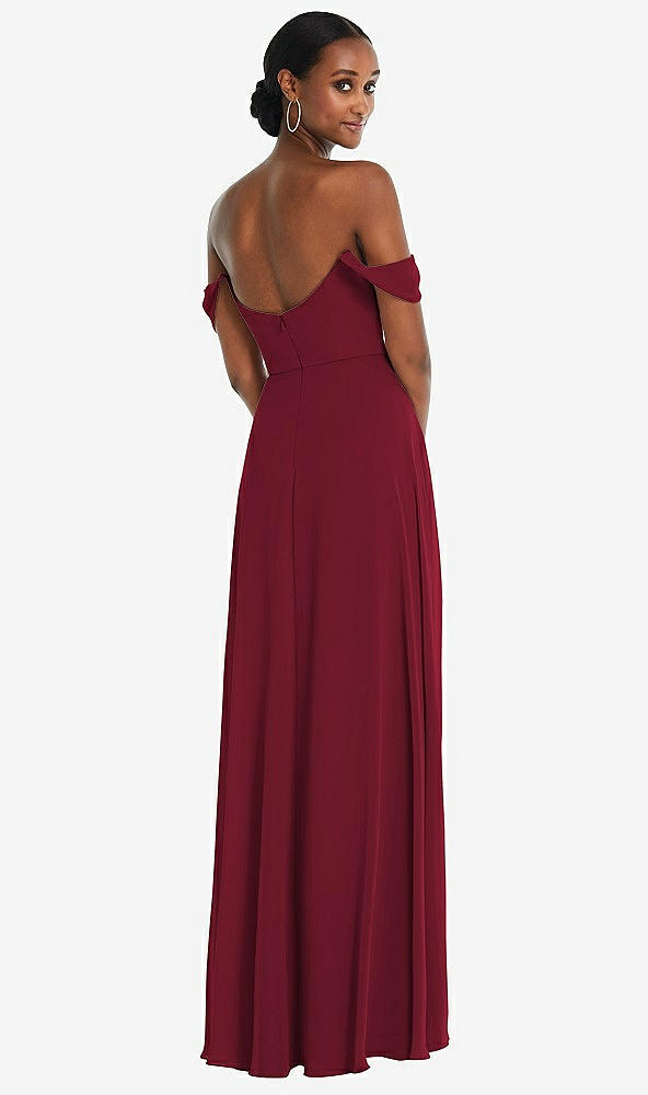 Back View - Burgundy Off-the-Shoulder Basque Neck Maxi Dress with Flounce Sleeves