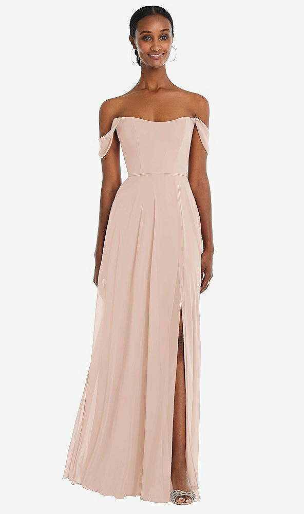 Front View - Cameo Off-the-Shoulder Basque Neck Maxi Dress with Flounce Sleeves