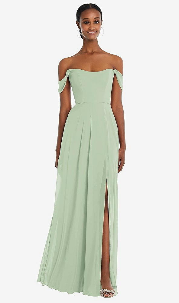 Front View - Celadon Off-the-Shoulder Basque Neck Maxi Dress with Flounce Sleeves