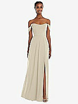 Front View Thumbnail - Champagne Off-the-Shoulder Basque Neck Maxi Dress with Flounce Sleeves