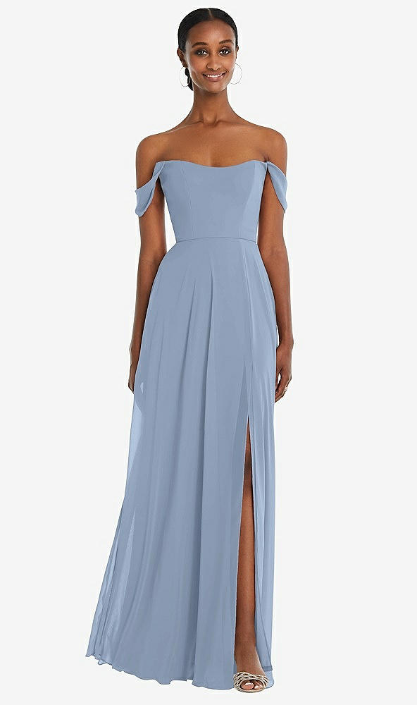 Front View - Cloudy Off-the-Shoulder Basque Neck Maxi Dress with Flounce Sleeves