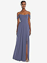 Front View Thumbnail - French Blue Off-the-Shoulder Basque Neck Maxi Dress with Flounce Sleeves