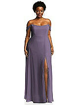 Alt View 1 Thumbnail - Lavender Off-the-Shoulder Basque Neck Maxi Dress with Flounce Sleeves