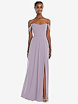 Front View Thumbnail - Lilac Haze Off-the-Shoulder Basque Neck Maxi Dress with Flounce Sleeves
