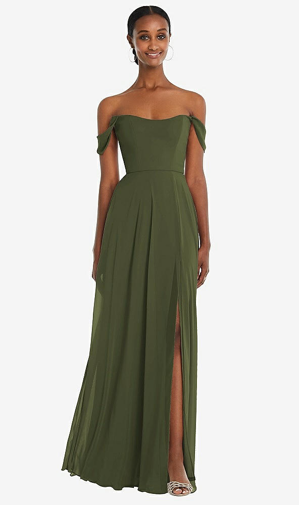 Front View - Olive Green Off-the-Shoulder Basque Neck Maxi Dress with Flounce Sleeves