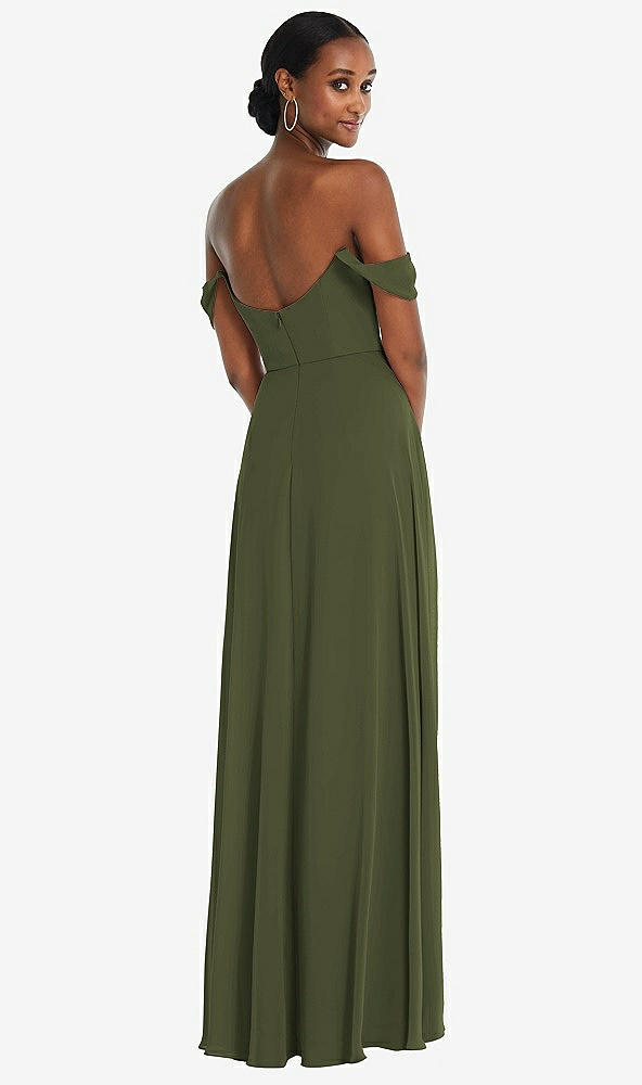 Back View - Olive Green Off-the-Shoulder Basque Neck Maxi Dress with Flounce Sleeves