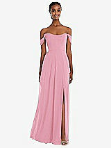 Front View Thumbnail - Peony Pink Off-the-Shoulder Basque Neck Maxi Dress with Flounce Sleeves