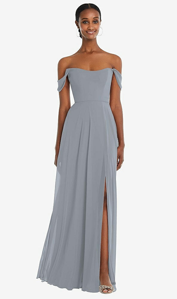 Front View - Platinum Off-the-Shoulder Basque Neck Maxi Dress with Flounce Sleeves