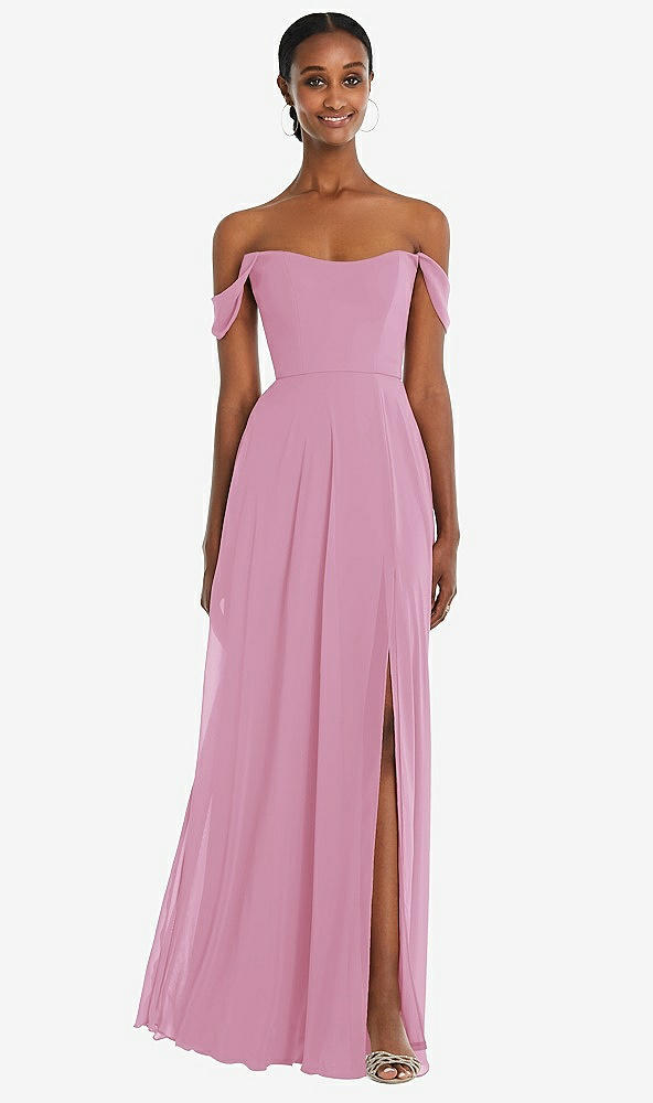 Front View - Powder Pink Off-the-Shoulder Basque Neck Maxi Dress with Flounce Sleeves
