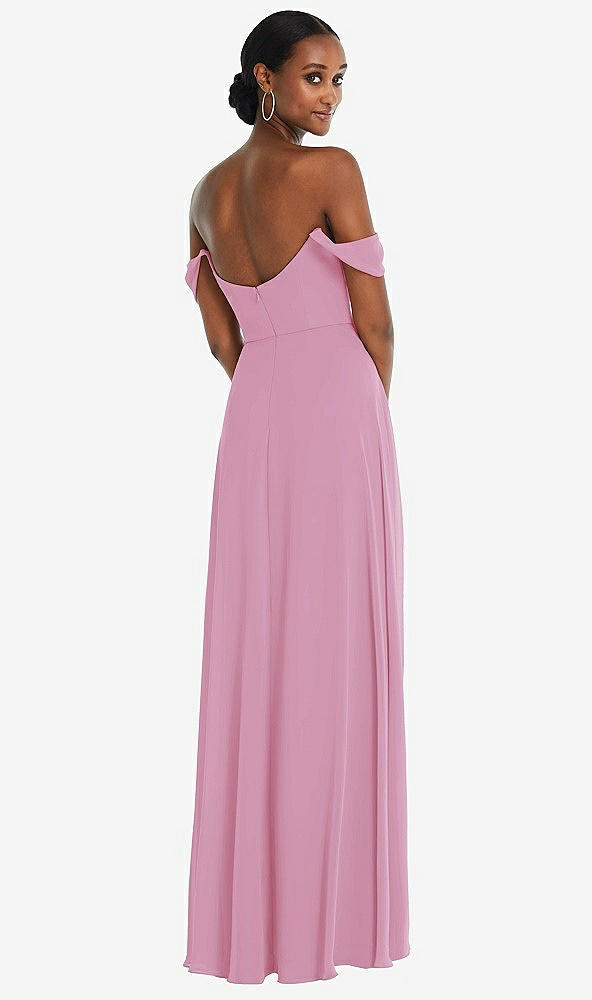 Back View - Powder Pink Off-the-Shoulder Basque Neck Maxi Dress with Flounce Sleeves