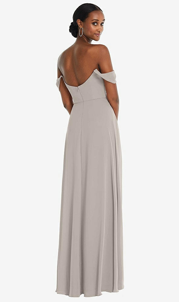 Back View - Taupe Off-the-Shoulder Basque Neck Maxi Dress with Flounce Sleeves