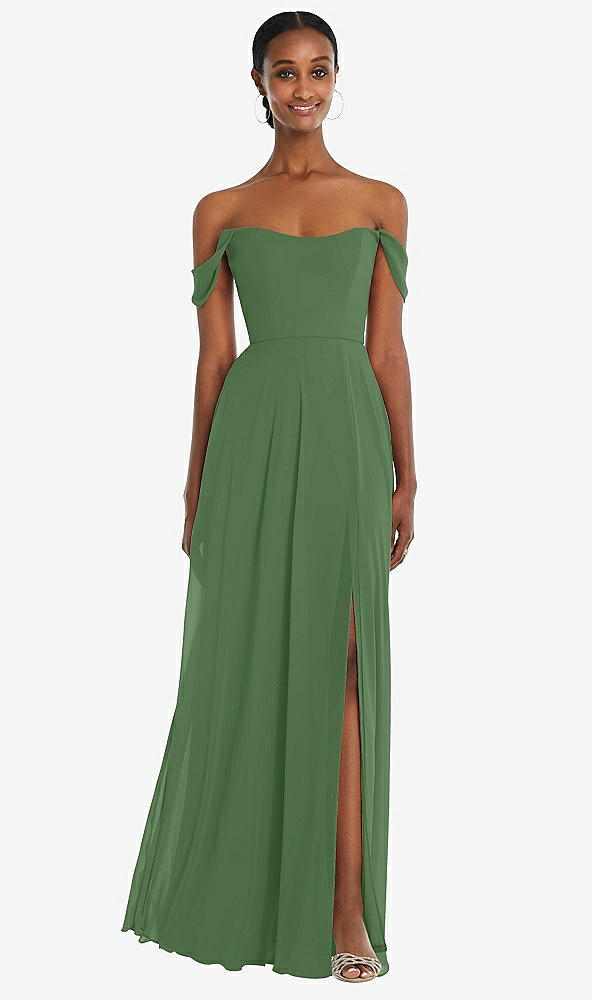 Front View - Vineyard Green Off-the-Shoulder Basque Neck Maxi Dress with Flounce Sleeves