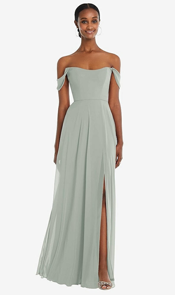 Front View - Willow Green Off-the-Shoulder Basque Neck Maxi Dress with Flounce Sleeves