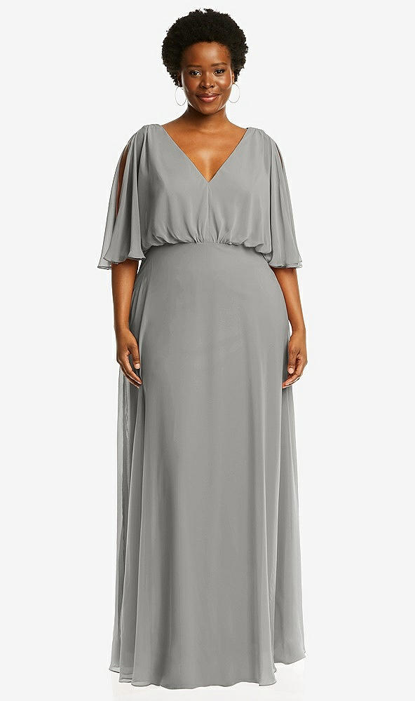 Front View - Chelsea Gray V-Neck Split Sleeve Blouson Bodice Maxi Dress
