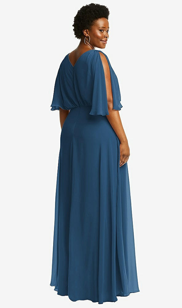 Back View - Dusk Blue V-Neck Split Sleeve Blouson Bodice Maxi Dress