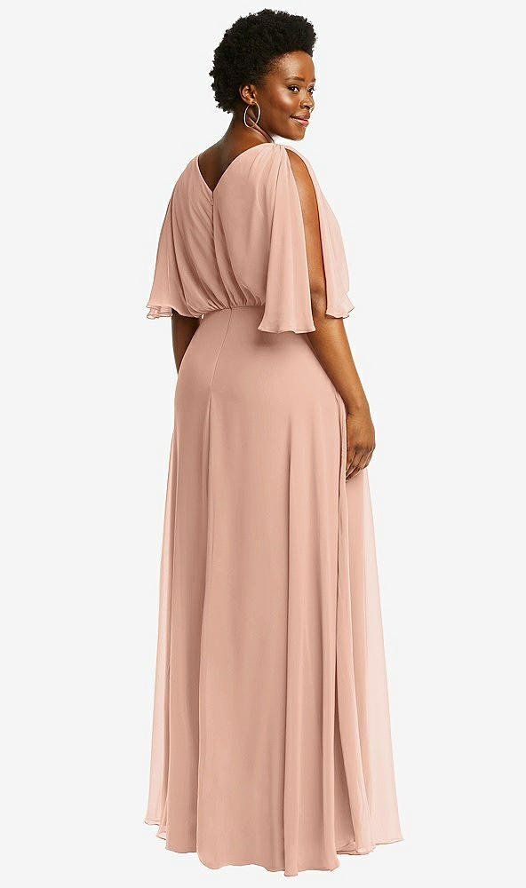 Back View - Pale Peach V-Neck Split Sleeve Blouson Bodice Maxi Dress
