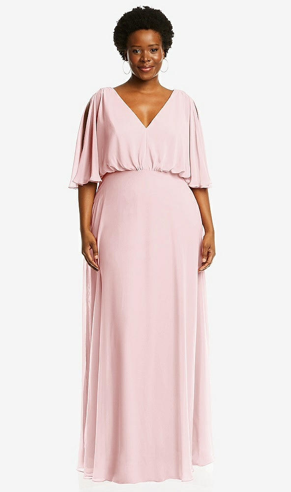 Front View - Ballet Pink V-Neck Split Sleeve Blouson Bodice Maxi Dress