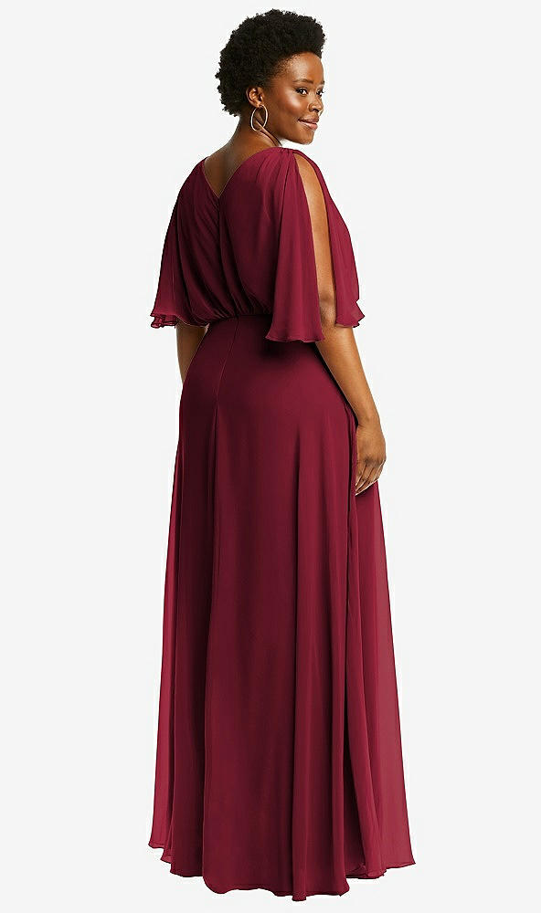 Back View - Burgundy V-Neck Split Sleeve Blouson Bodice Maxi Dress
