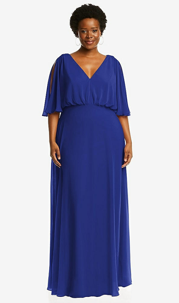 Front View - Cobalt Blue V-Neck Split Sleeve Blouson Bodice Maxi Dress