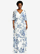 Front View Thumbnail - Cottage Rose Dusk Blue V-Neck Split Sleeve Blouson Bodice Maxi Dress