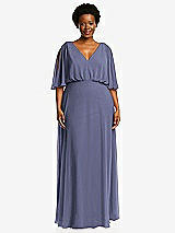 Front View Thumbnail - French Blue V-Neck Split Sleeve Blouson Bodice Maxi Dress