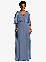 Front View Thumbnail - Larkspur Blue V-Neck Split Sleeve Blouson Bodice Maxi Dress