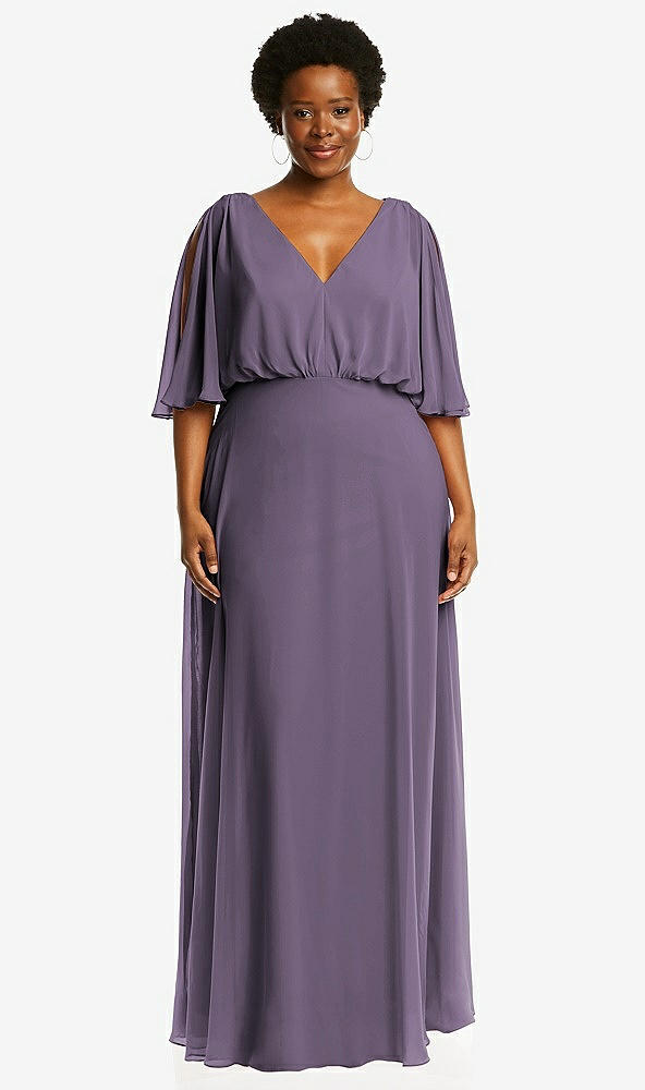 Front View - Lavender V-Neck Split Sleeve Blouson Bodice Maxi Dress